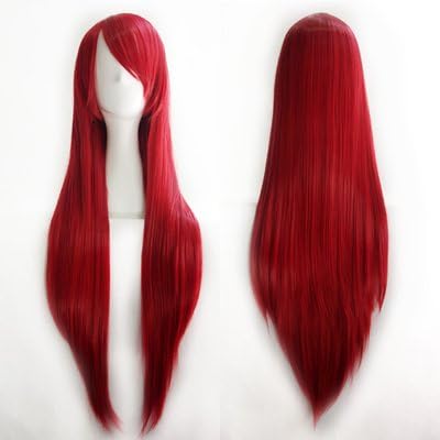 YuNasi 39"Halloween Cosplay Wig Glamorous Women Long Straight Hair with Rose Wig Cap (burgundy)