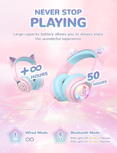 iClever Bluetooth Kids Headphones, BTH13 Cat Ear LED Light Up Kids Wireless Headphones, 50H Playtime, 74/85dBA Volume Limiting Children Headphones with Microphone Over Ear for School/Tablet/PC
