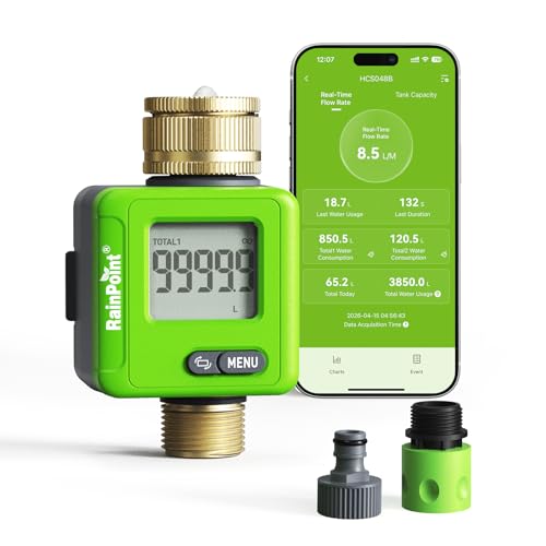 RAINPOINT Bluetooth Smart Water Meter Water Meter with Brass Inputs Tank Monitor for Motorhome Accurate Water Consumption ±5% for Garden and Watering