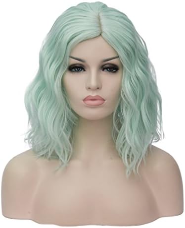 ATAYOU Wavy Short Color Fashion Full Bangs Soft Touch Bob Wig Women (Fluorescent Green)