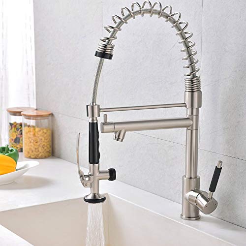 Ufaucet Commercial High Arc Heavy Spiral Spring Stainless Steel Brushed Nickel Single Handle Pre Rinse Pull Out Kitchen Faucet,Pull Down Kitchen Sink Faucet with Sprayer