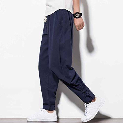 Willsa Men's Pants Men Chinese Harem Elastic Waist Solid Cotton Loose Baggy Trousers Plus GY/3XL - Thumbnail 4