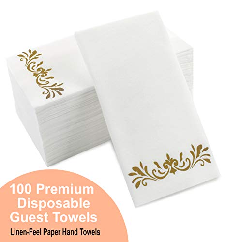 Gold Dinner Napkins, Disposable Party Napkins, Paper Napkins Decorative, Linen Feel Disposable Hand Towels for Wedding, Guest Bathroom & More - White with Gold, 100 Pack, 8.25 x 4 Inches