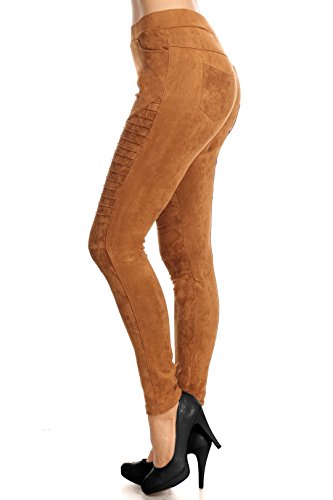 ICONOFLASH Women's Faux Vegan Suede Skinny Moto Pants (Khaki, Large)