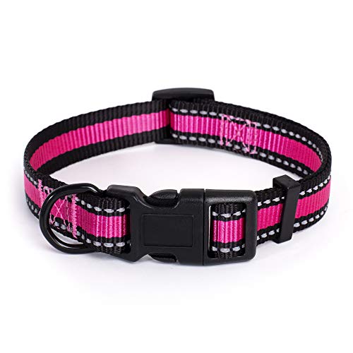 Mile High Life Dog Collar | Reflective 3M Stripe with Nylon Band (Pink/Black, X-Small Neck 9″-13″ -20 lb)