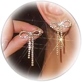 Rhinestone Bow Earrings for Women Gold Silver Bow Ribbon Earrings Sparkly Rhinestone Tassel Dangle Earring Prom Dress Jewellery