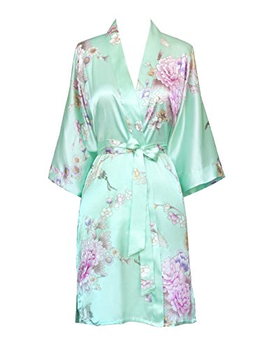 Old Shanghai Women's Kimono Short Robe - Chrysanthemum & Crane - Aqua O/S