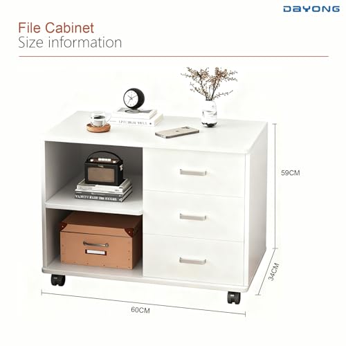 DAYONG Wooden Bedside Table, Modern Nightstand with 3 Drawers & Storage Shelves, Night Stands End Side Table for Bedroom Office, Dorm, Living Room, 60 x 34 x 59 cm (White)