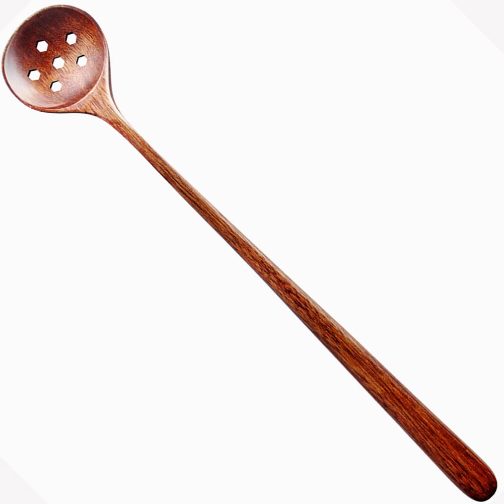 Korean Style Wooden Long Handle Round Spoons with Slots, 10.9 inches, 1 PC, Natural Wood, Slotted for Soup, Cooking, Mixing, Stirrer, Mukbang Kitchen Tools