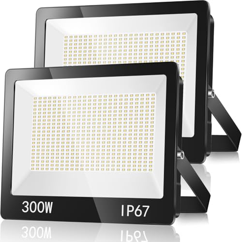 TASINUO Outdoor LED Spotlights 300W IP67 Waterproof Outdoor Projector 2 Piece | 6500K Cool White Security Light, 30000LM Powerful Outdoor LED Lights with Transformer for Terrace Garage Workshop Garden