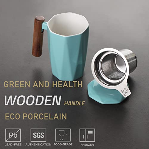 SWEEJAR Porcelain Tea Mug with Infuser and Lid, Wooden Handle, 17 Ounce