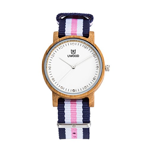 Uwood Women Original Bamboo Wood Watch Nylon Band Fashion Wooden Watch With Multi-Color Striped Band