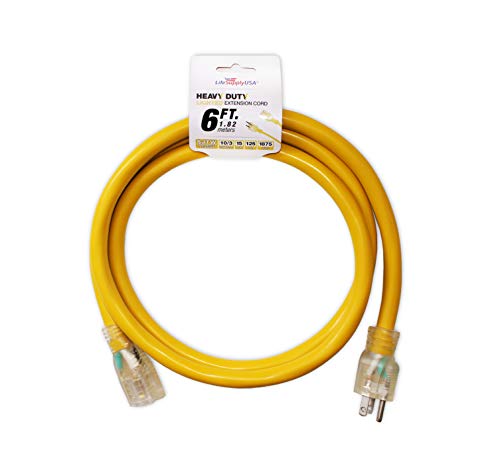LifeSupplyUSA 10/3 6ft SJTW Lighted End Extension Cord 15 Amp, 125 Volt, 1875 Watt, Super Heavy Duty Outdoor Jacket (6 Feet)