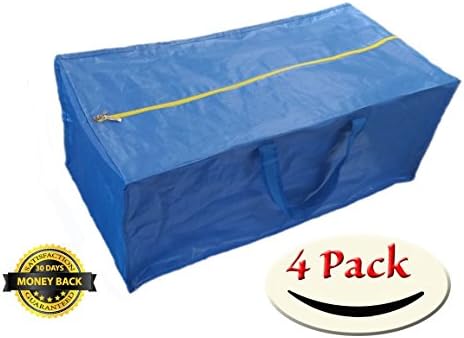 Zippered Storage Bags, Pack of 4 Large Reusable Shopping Bags, Can Hold up to 55lbs, Heavy Duty Construction with Zippered Closure &amp; Reinforced Handles, Compatible with IKEA Frakta Storage Bags, Blue