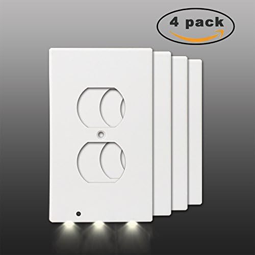 Exgreem GuideLight- Best Energy Saving LED Night Lights Wall Outlet Cover- Fireproof Material- No Batteries Or Wires, White (Duplex 4 Pack)