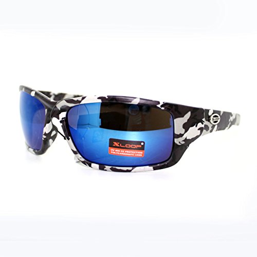 Mens Xloop Sunglasses Wrap Around Rectangular Black Camo Blue Mirror