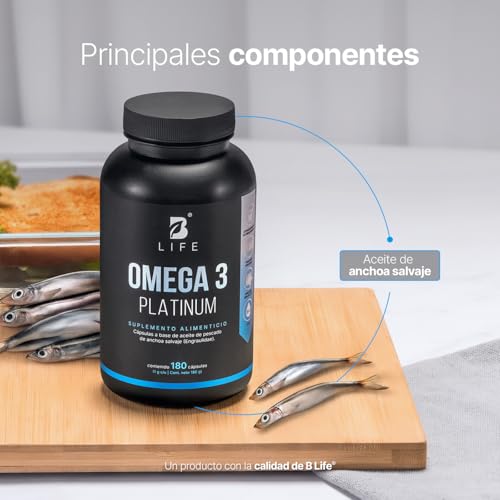 Omega 3 Aceite de Anchoa Salvaje con 180 Cápsulas de 1000 mg. Libre de Metales Pesados. Ingredientes Naturales. Omega 3 Platinum B Life.
