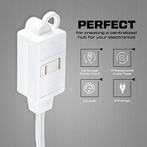 4 feet White Extension Cord, 3 Outlet 2 Prong 16 Gauge Cable, Indoor use, 3 Receptacle Cube Tap