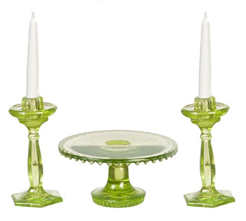 Dollhouse Miniature Chrysnbon Cake Plate with 2 Candles in Green