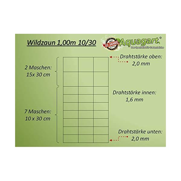 Stabiler Wildzaun 50m von Aquagart 100/10/30 Zaun Höhe 100 cm, 10 Horizontaldrähte Maschenbreite: 30 cm I Drahtzaun Rollzaun Forstzaun Weidezaun Knotengeflecht Maschendraht verzinkt – Bild 3