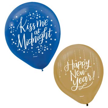 Happy New Years Eve Dessert and Cocktail Party Supplies Pack With Decoration For 16 With Small Dark Blue and Gold Metallic Plates, Napkins, Balloons, And Plastic Champagne Flutes!