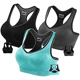 FITTIN Racerback Sports Bras - Pack of 3 - Padded Seamless High Impact Support For Yoga Gym Workout Fitness, Grey/Black/Aqua, XXL