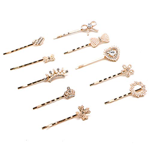 JETEHO 10pcs Rhinestone Pearl Hair Clip Barrettes Bobby Pin Bride Flower Butterfly Heart Circle Crown Headwear Edge Clip Clamps, Mixed Style
