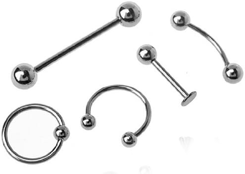 5pcs Lot of Body Piercing Jewelry 14g, 16g, 18g - Eyebrow Barbell, Lip Piercing, Nose Ring, Nipple Barbell, Tongue Ring and Belly Ring.