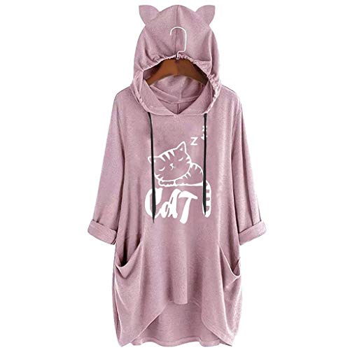 Sunhusing Ladies Casual Letters Cute Kitten Print Cat Ear Hoodie Sweatshirt Irregular Long Sleeve Pocket Top Pink