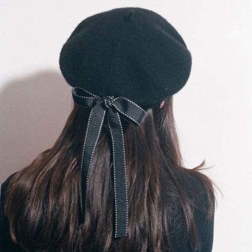 Blue Stones Women's Fashion Black Bow Berets Lace-up Bowknot Beret Hats French Style Woolen Hats Cap