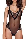 Fecland Women's Exotic Elegant Sexy See Through Tulle Cut Out Bodysuit Teddy Black XS