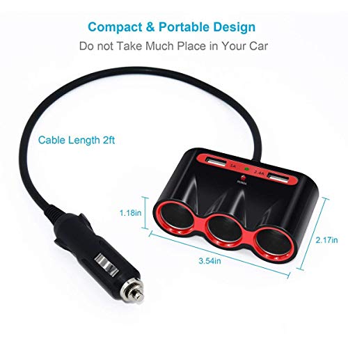 Cigarette Lighter Adapter, 120W 3-Socket Car Cigarette Lighter Splitter 3.4A Dual USB Car Charger Adapter DC 12V/24V Outlet Multi-Functions Car Splitter for iPhone iPad Samsung GPS Dashcam