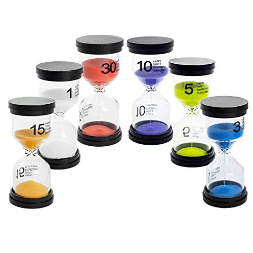 UltraOutlet 6-Pack Hourglass Timer Sand Timers Clock 1min/ 3mins/ 5mins/ 10mins/ 15mins/ 30mins Sand Glass Timers for Kids, Classroom, Game, Brushing Timer, Kitchen, Home, and Office Decorations
