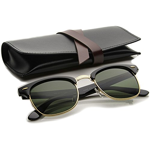 zeroUV - Premium Half Frame Horn Rimmed Sunglasses with Metal Rivets (Black-Gold / Green)