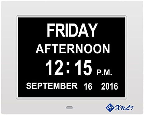 Day Clock-Upgrade XULI Digital Alarm Clock The Original Memory Loss Digital Calendar Day Clock with Extra Large Non-Abbreviated Day &amp; Month(White)