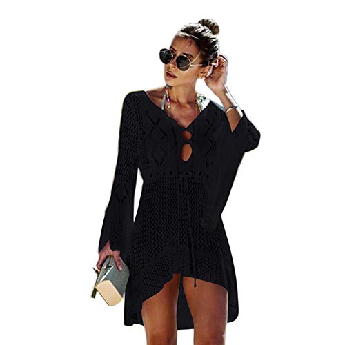 Women's Bathing Suit Cover Up Swimsuit Beachwear Bikini Swimwear Crochet Lace Long Dress Beach Cover Ups(570 Blcak) - Thumbnail 7