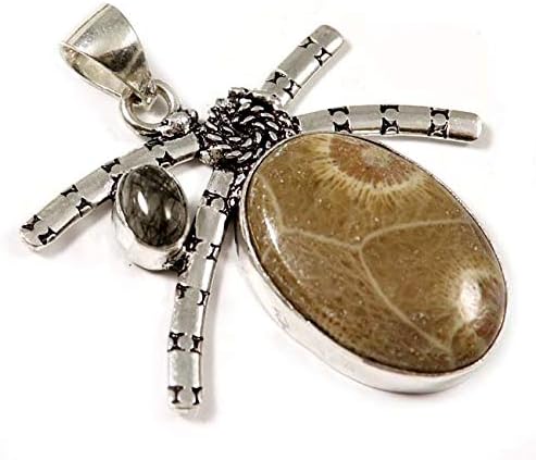 Goyal Crafts Natural Morocco Fossil Coral,Rutilated Quartz Pendant Silver Plated GPY78