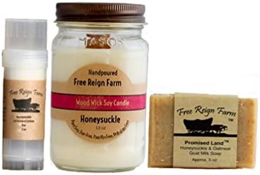 Natural Soothing Honeysuckle Goats Milk Bundle - Honeysuckle and Oatmeal Soap Bar, Undiluted Honeysuckle Lotion Stick and Honeysuckle Hand Poured Mason Jar Wood Wick Soy Wax Candle -Unique Gift Set