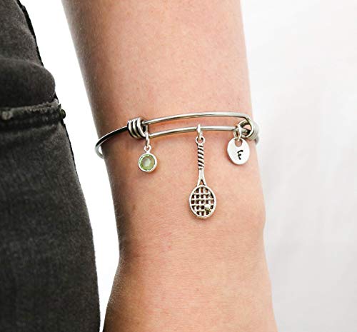 Tennis Racket Charm Bracelet - Personalized Birthstone & Initial - Tennis Racquet Jewelry for Girls & Women