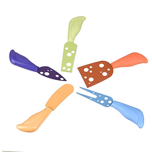 Colorful Cheese Knife Set, TBWHL Cheese Slicer Cheese Cutter Cheese Fork Cheese Spreaders Crumbly Cheese Knives for Parties, BBQ and Dinner Stainless Steel Set of 5 ...