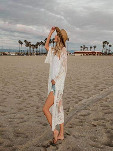 Womens Kimono Cardigan, Women Lace Bohemian Beach Long Oversized Kimono Coat (White, Free Size) - Thumbnail 5