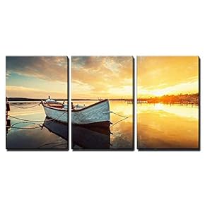 3 Piece Canvas Wall Art - Boat on Lake with a Reflection in The Water at Sunset - Modern Home Art Stretched and Framed Ready to Hang - 16"x24"x3 Panels