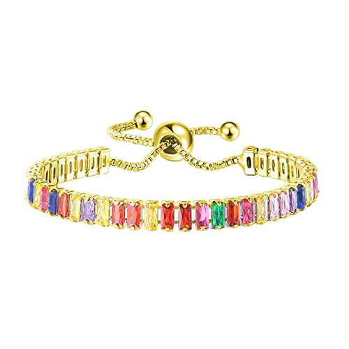Bracelet, Women's Silver Tone Adjustable Tennis Bracelet Sparkling Rainbow Crystal & Zirconia Bracelets Shiny Diamond Like Bling Cuffs for Women Wristlets for Christmas Birthday Anniversary