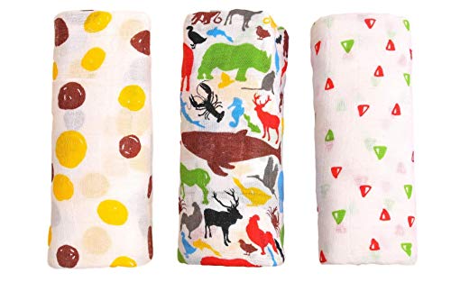 Funcho Children Muslin Squares Pack Swaddle Blanket (3 in a Pack) (Red Animals)