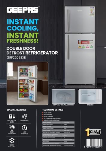 200L Gross/130L Net Capacity, Double Door Defrost Refrigerator With Grip Handle, Silver Finish, Adjustable Front Wheel, Quick Cooling, Low Voltage, Fridge - 90L/Freezer- 40L capacity GRF2209SXE Silver