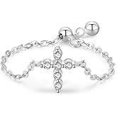Kokoma Sterling Silver Cross Ring for Women Dangle Ball Drop Link Chain Stacking Rings Promise Engagement Statement Finger Band Minimalist Jewelry
