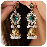 Missgrace Boho Indian Dainty Dangle Beads Faux Pearls Green Black Red Rhinestone Earrings for Women Vintage Retro Chandelier Earrings Beaded Jhumka Jhumki Tassel Studs Traditional Silver Gold Plated Earrings for Women