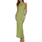 Phicia Sexy Satin Halter Neck Backless Maxi Dress for Women Elegant Tie Cowl Back Formal Wedding Guest Dress for Summer