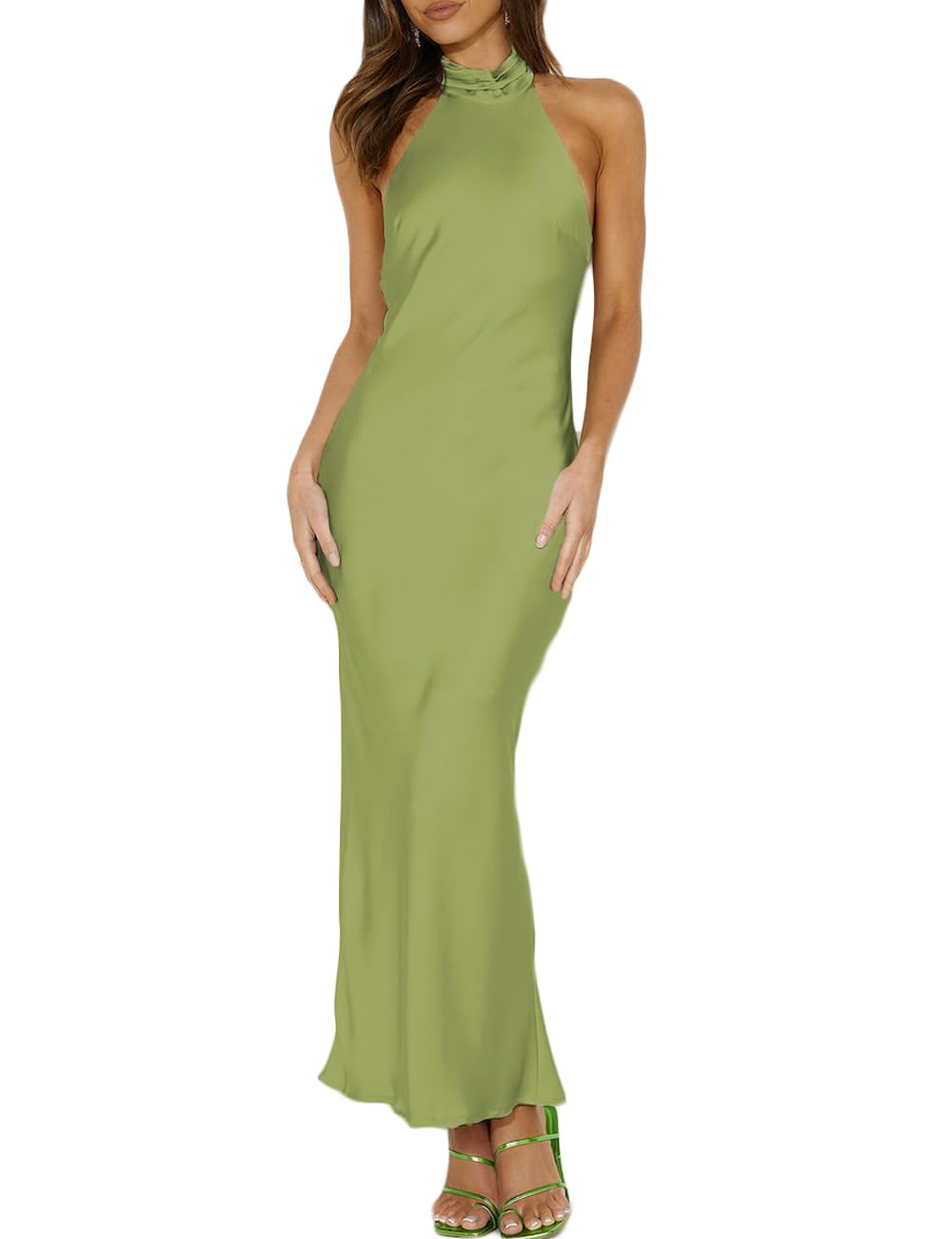 Photo 1 of [needs repair] Phicia Sexy Satin Halter Neck Backless Maxi Dress for Women Elegant Tie Cowl Back Formal Wedding Guest Dress for Summer Olive, 