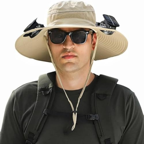 Solar Fan Sun Hat Wide Brim Hat Outdoor Wide Brim Sun Hat with 2 Solar Fan Fishing Hat, Hat UPF 50+, Removable & USB Charging